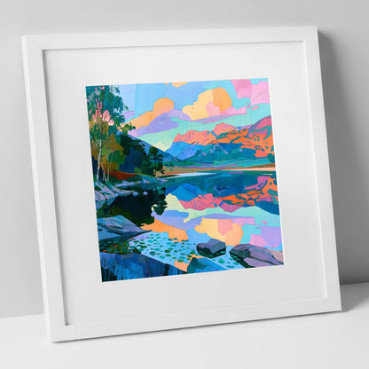 Pastel Dawn Over Still Lake lake district lake art print in white frame