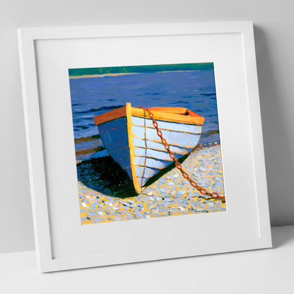Blue Wooden Boat on Windermere lake district lake art print in white frame