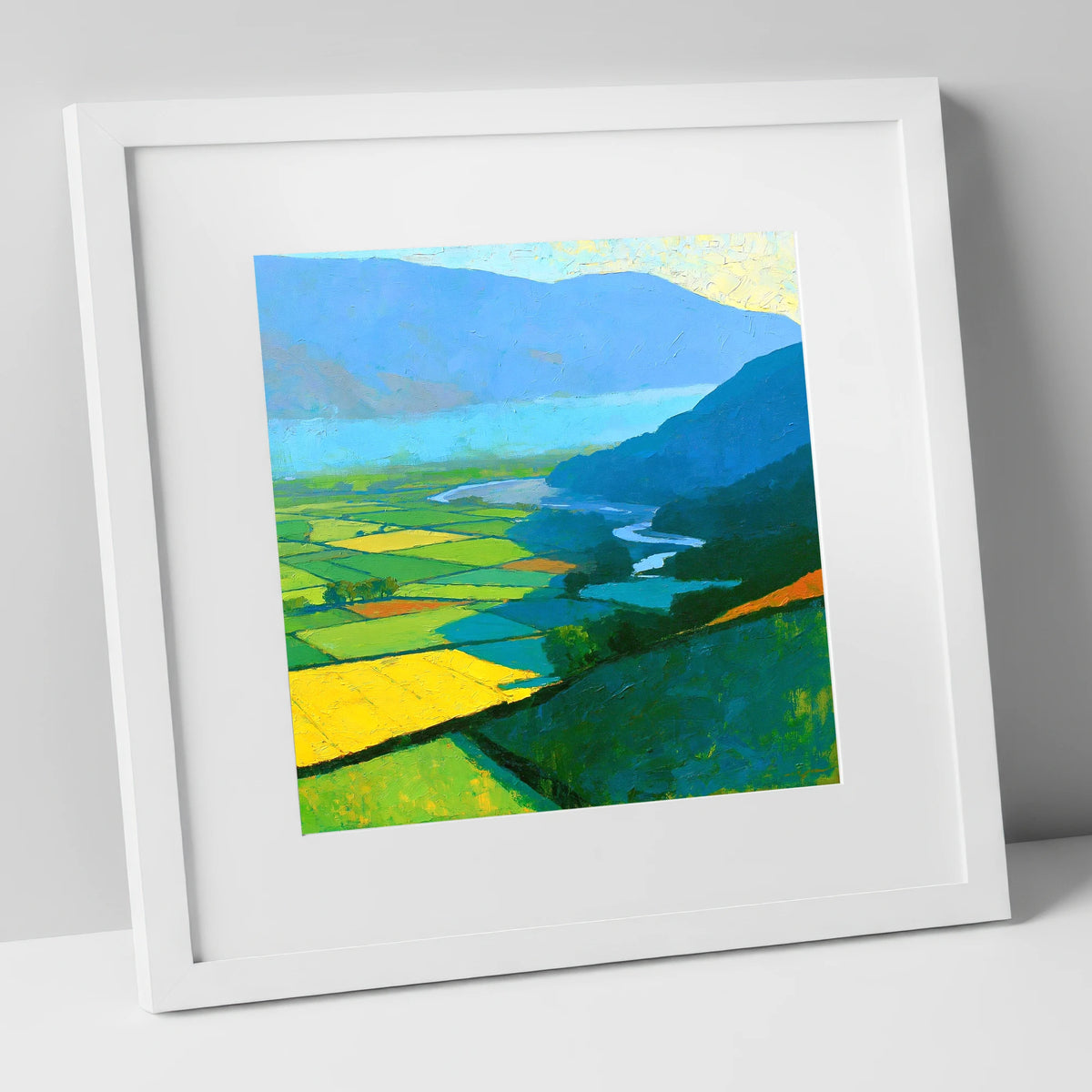 Sunlit Valley Fields and Winding River lake district sky art print in white frame