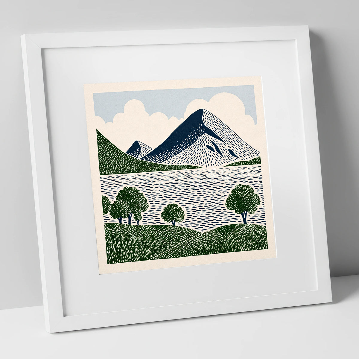 Graphic Fells Above Crummock Water lake district lake art print in white frame