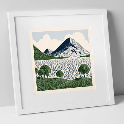 Graphic Fells Above Crummock Water lake district lake art print in white frame