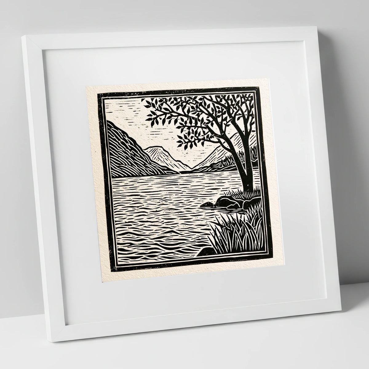 Graphic Lake Fells at Dawn lake district lake art print in white frame