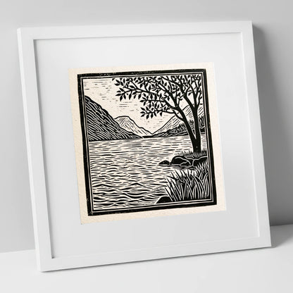 Graphic Lake Fells at Dawn lake district lake art print in white frame