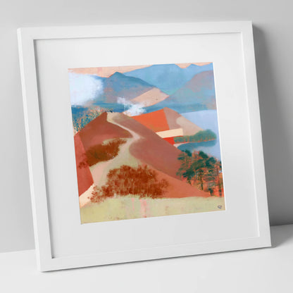 Terracotta Cat Bells Above Derwentwater lake district fell art print in white frame