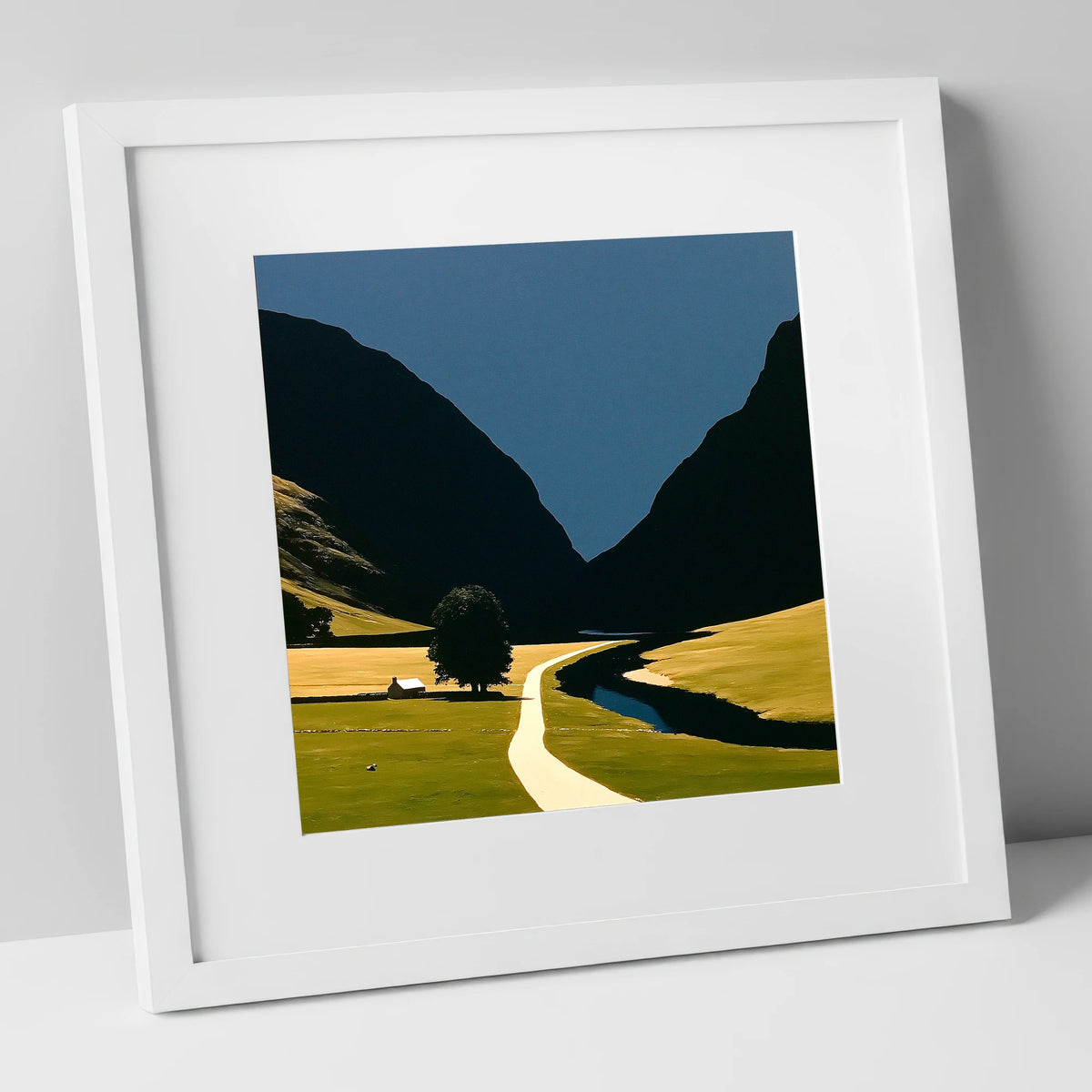 River Winding Through Dark Fells lake district waterfall art print in white frame