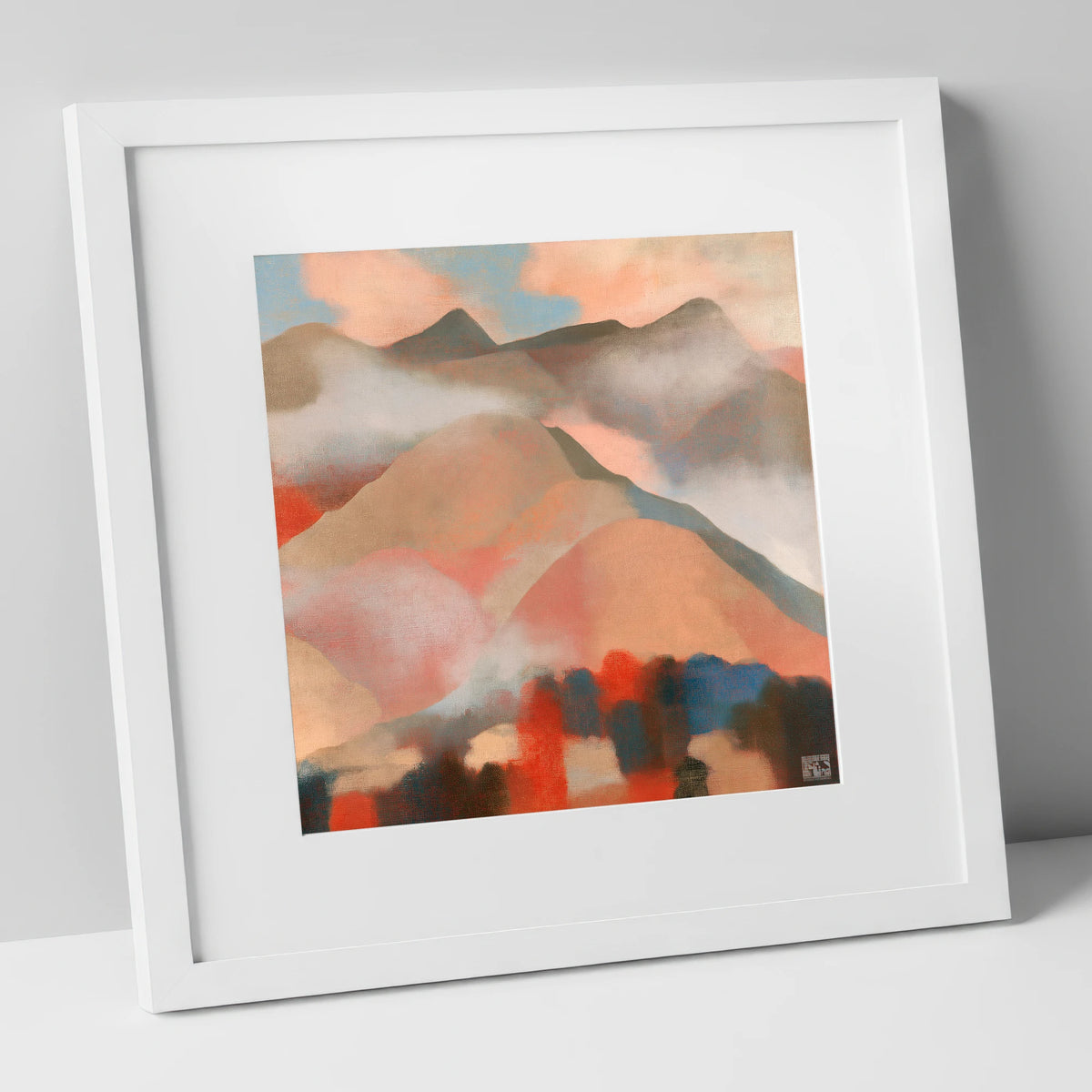 Misty Mountain Ridge In Coral lake district fell art print in white frame
