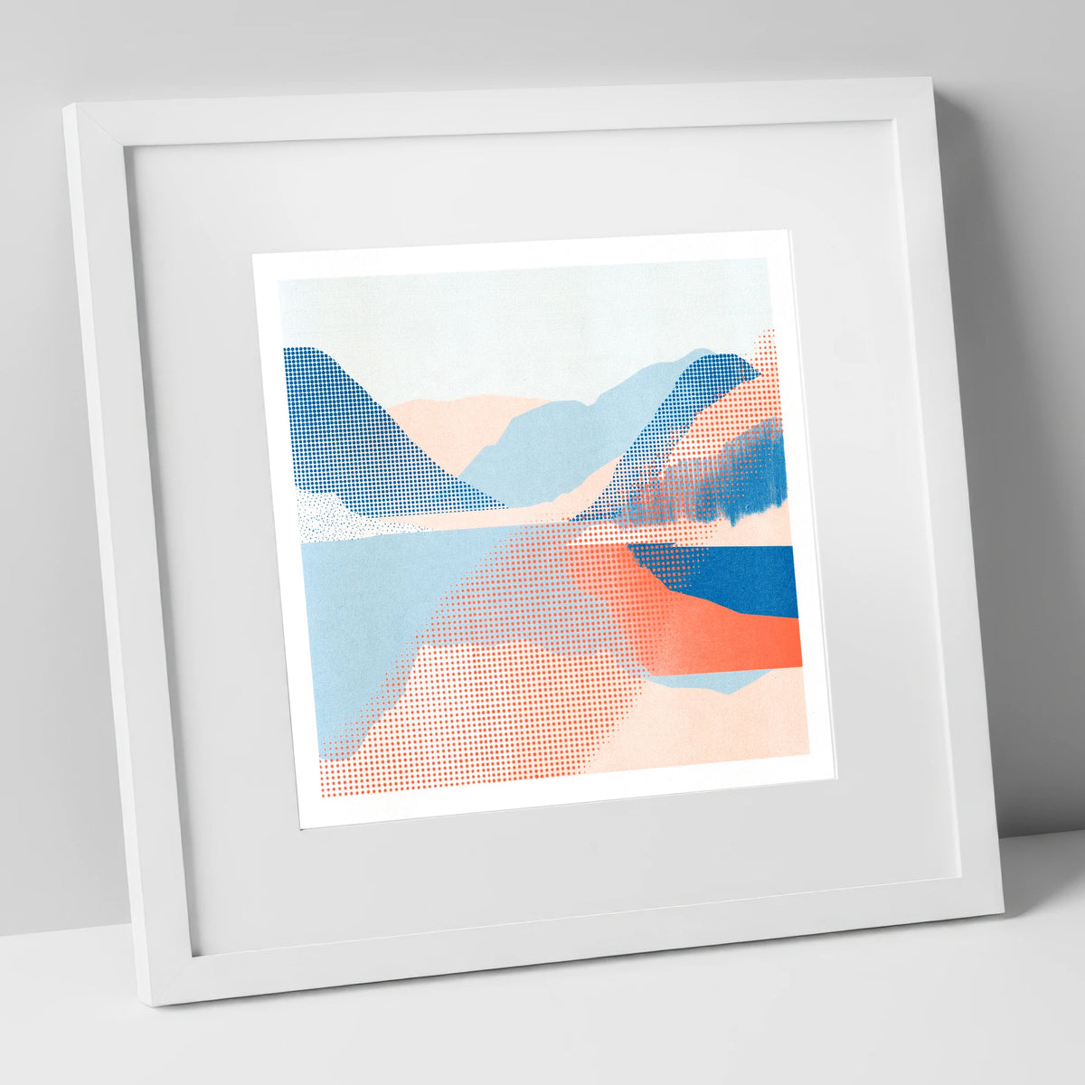 Abstract Halftone Buttermere Fells lake district lake art print in white frame