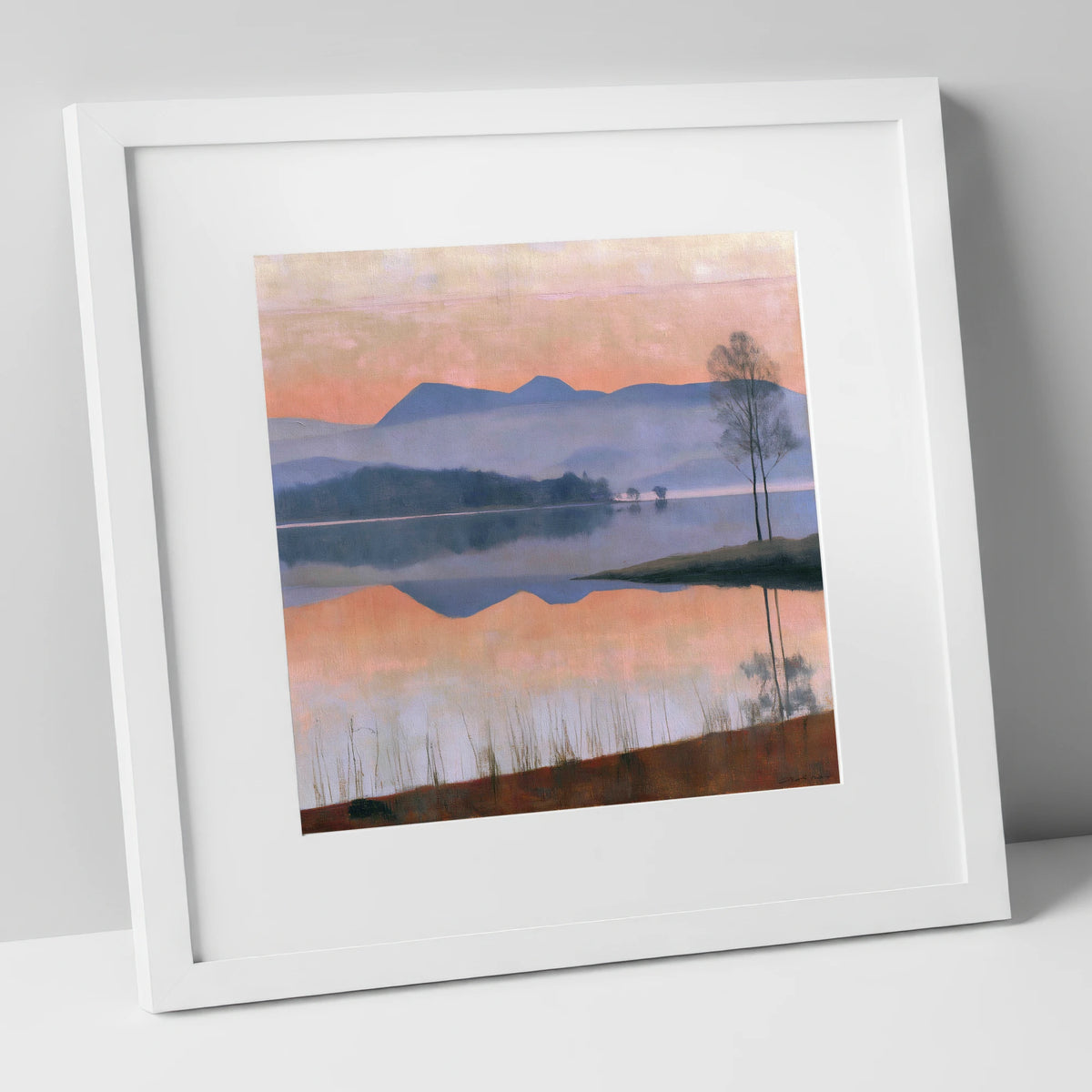Still Lake at Pastel Dawn lake district lake art print in white frame