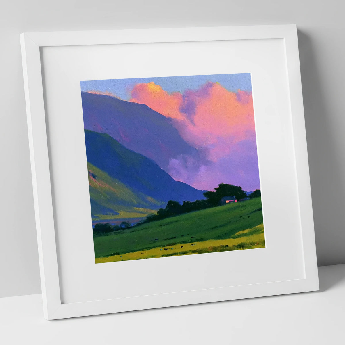 Rolling Fells Under Magenta Clouds lake district fell art print in white frame
