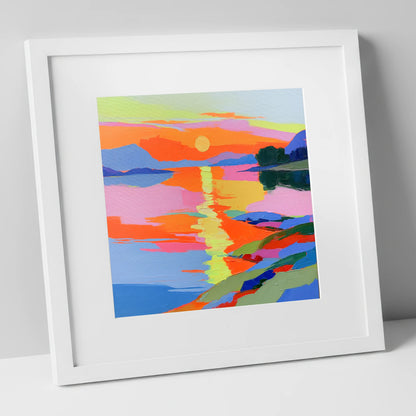 Vivid Sunset Over the Water lake district lake art print in white frame