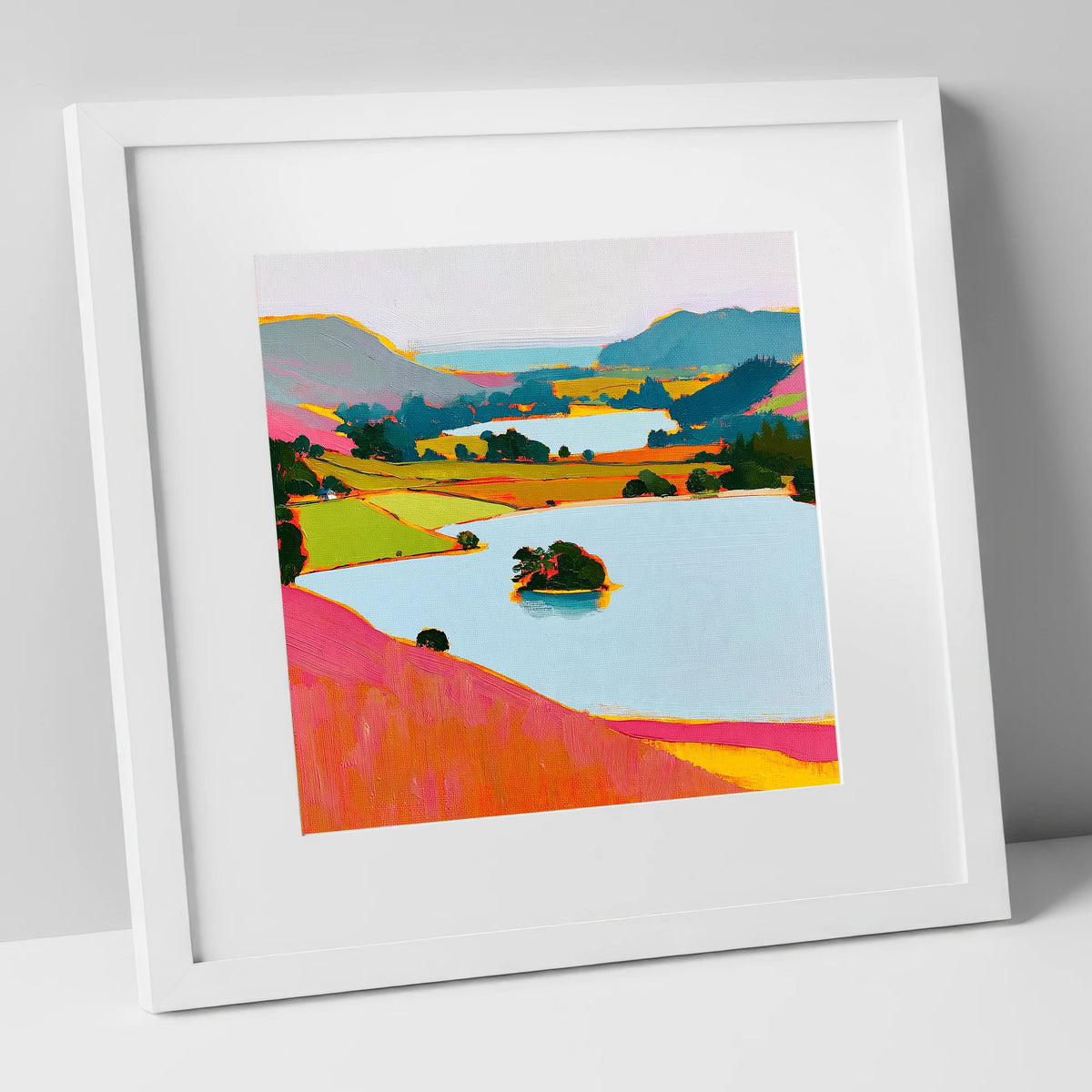 Vibrant Grasmere From the Fells lake district lake art print in white frame