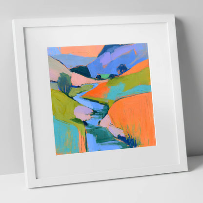 River Valley in Vivid Colour lake district waterfall art print in white frame
