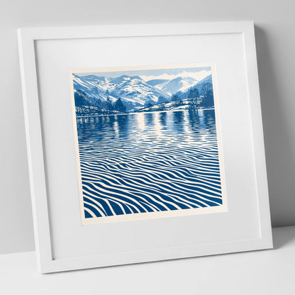 Rhythmic Blue Lake Reflections lake district lake art print in white frame