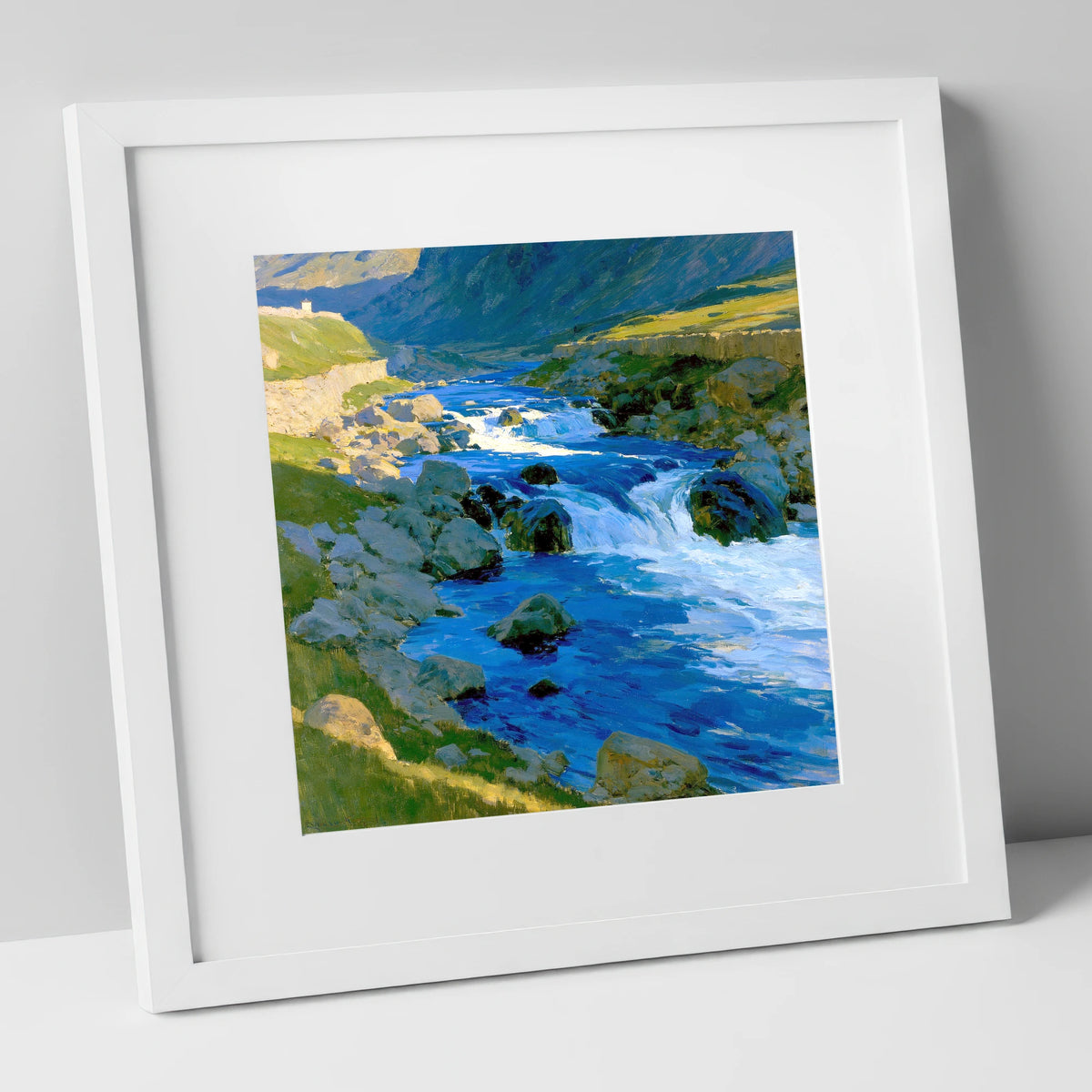 Vibrant Blue Fellside Beck lake district waterfall art print in white frame