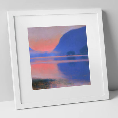 Pink Dawn Over Still Lake lake district lake art print in white frame