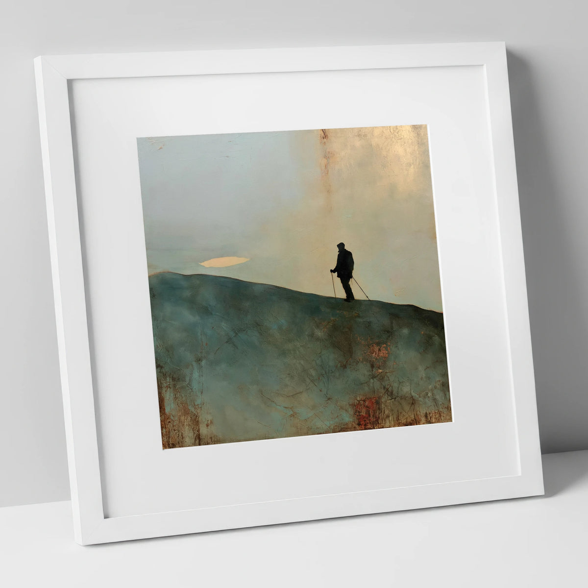 Walker Silhouette on Skiddaw Ridge lake district fell art print in white frame