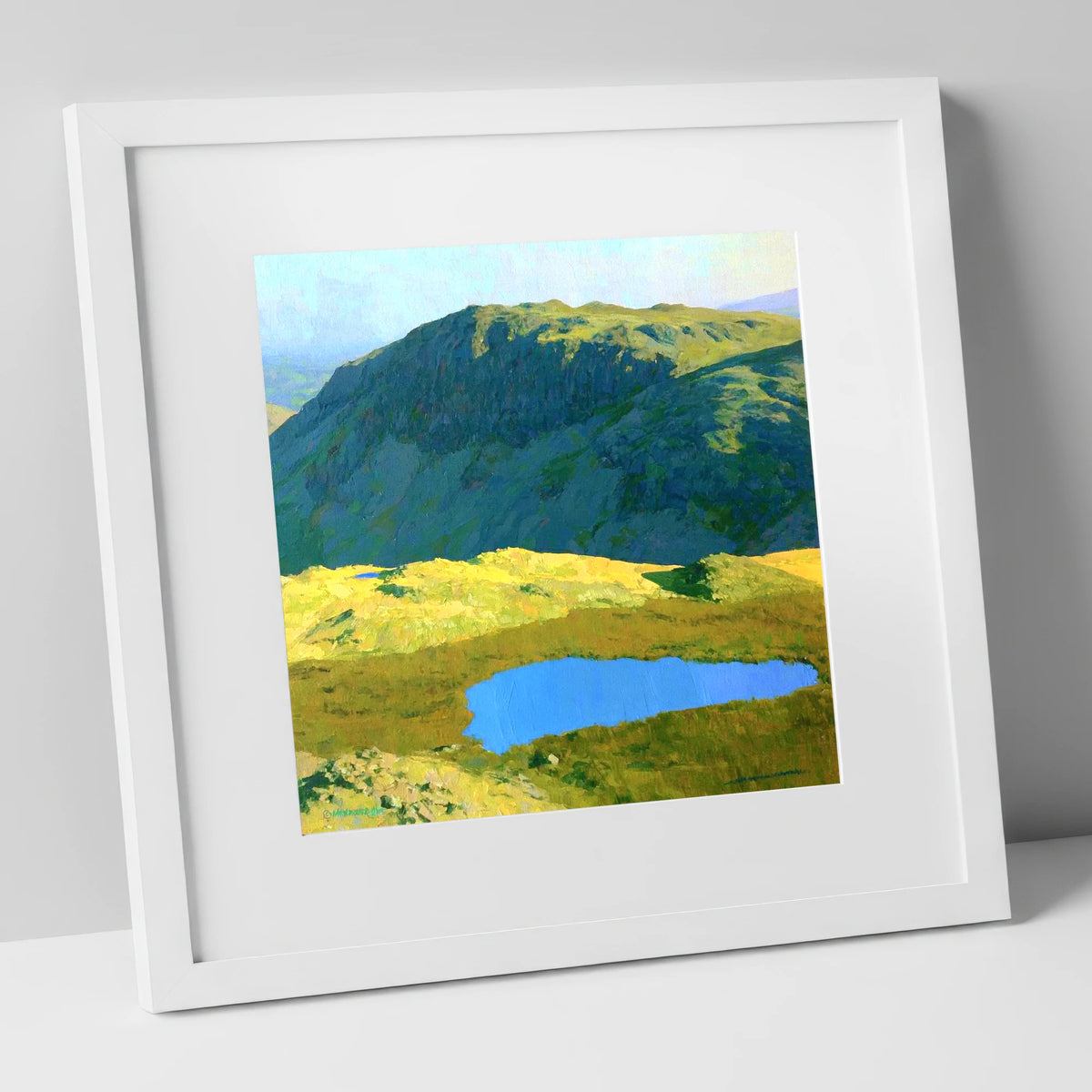 Vibrant Tarn Below Rosthwaite Fell lake district fell art print in white frame