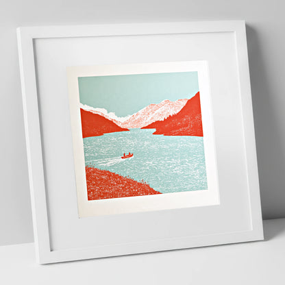 Coniston Water in Vivid Red lake district lake art print in white frame