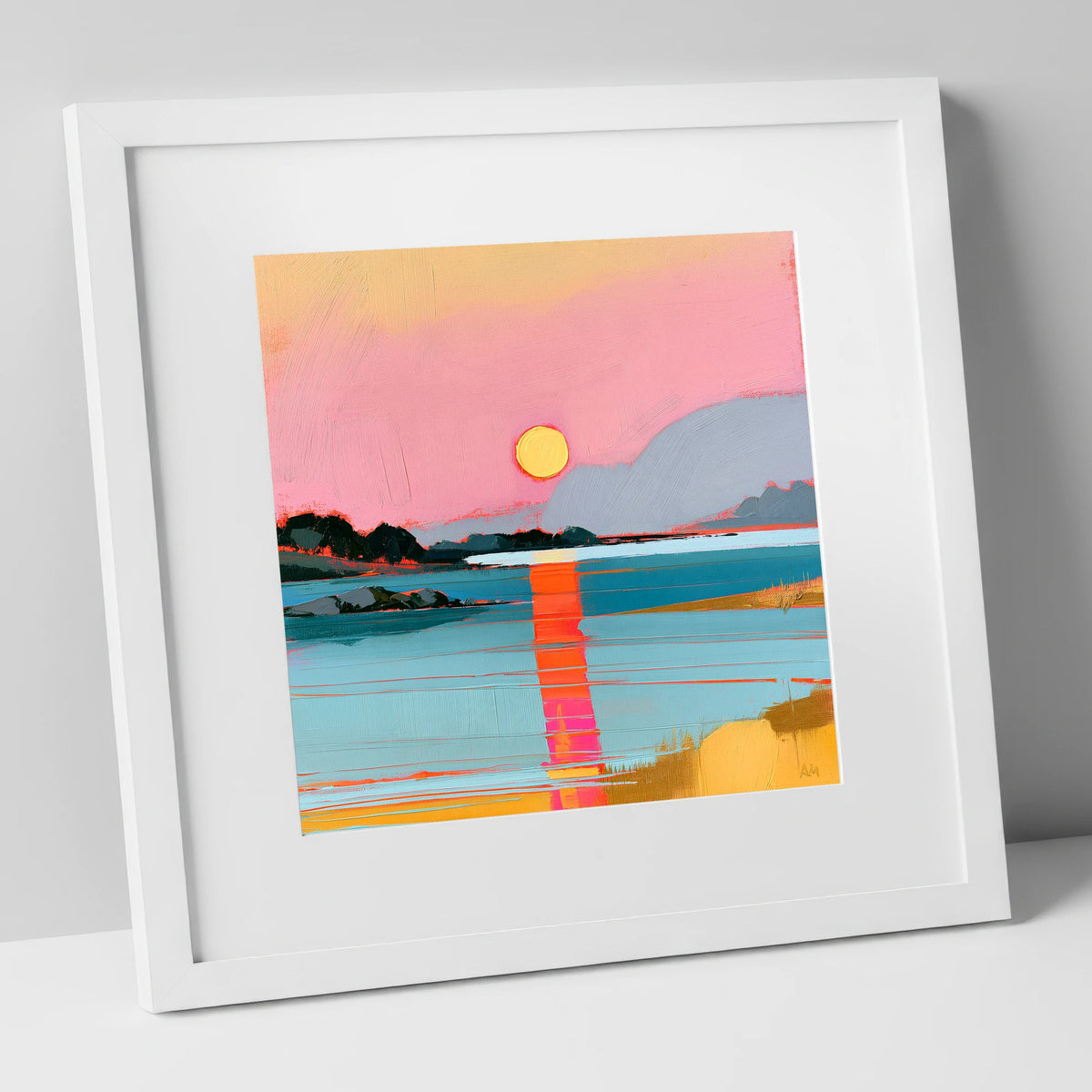 Vibrant Pink Sunset Over Water lake district lake art print in white frame