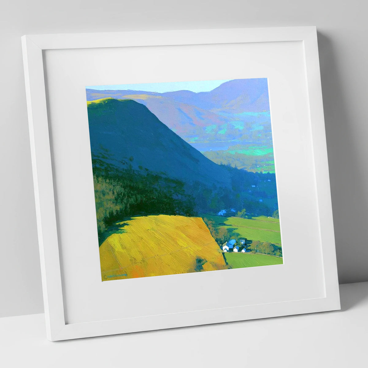 Vibrant Sunlight on Dodd Fell lake district fell art print in white frame
