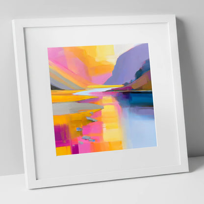 Pink and Gold River Valley lake district waterfall art print in white frame