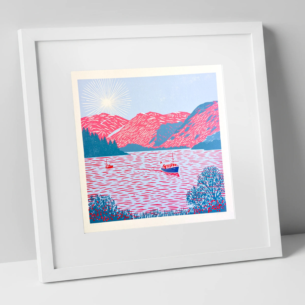 Ullswater Beneath Vibrant Pink Fells lake district lake art print in white frame