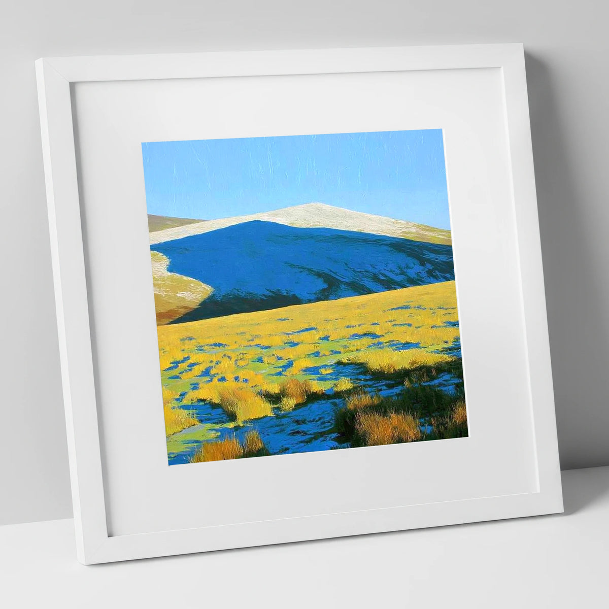 Frosted Knott Above Sunlit Moorland lake district fell art print in white frame