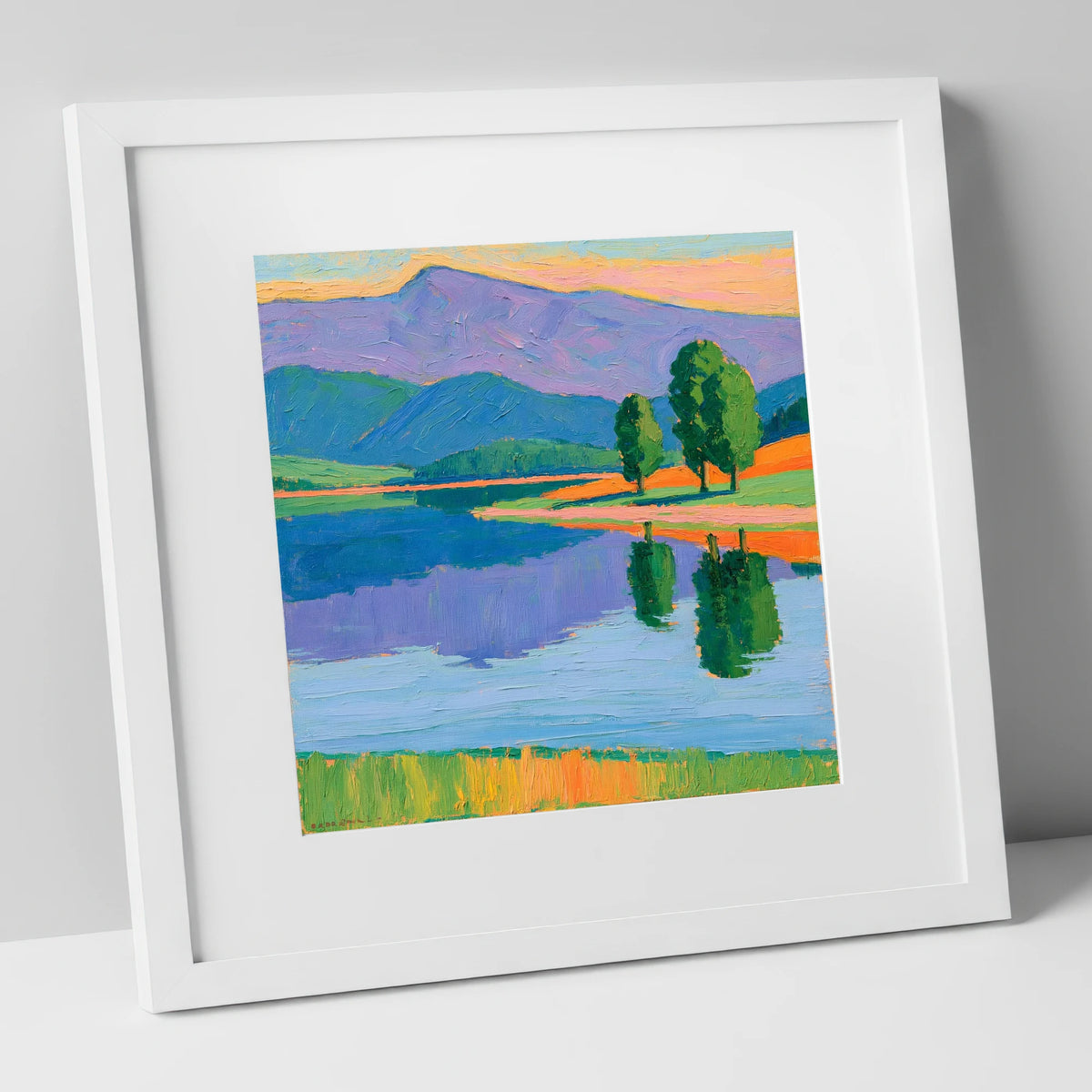 Calm Lake Under Violet Fells lake district lake art print in white frame