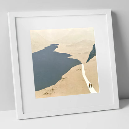 Walkers on a White Mountain Path lake district walking art print in white frame