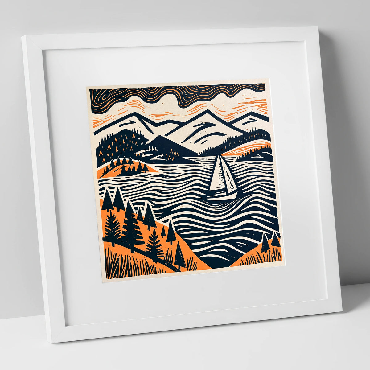 Windermere Sailboat in Terracotta and Navy lake district lake art print in white frame
