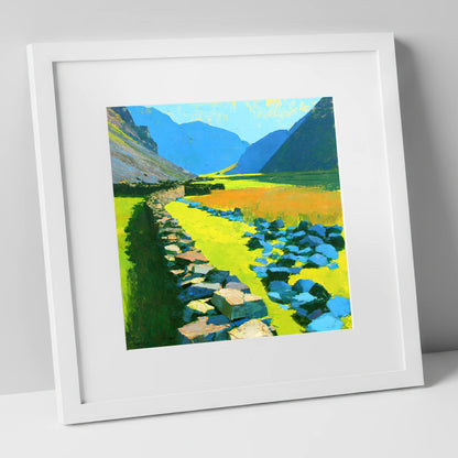 Sunlit Stone Wall and Blue Fells lake district valley art print in white frame