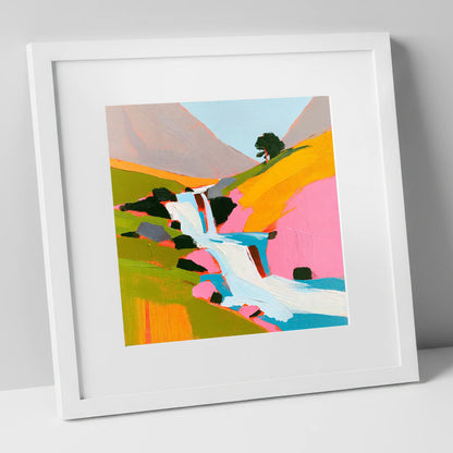 Vibrant Fellside Beck Waterfall lake district waterfall art print in white frame