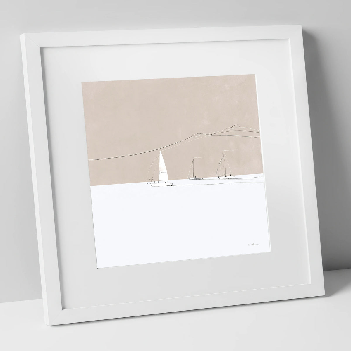 Minimalist Sailboats and Distant Fells lake district walking art print in white frame
