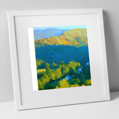 Sunlit Loughrigg Fell Ridge lake district fell art print in white frame