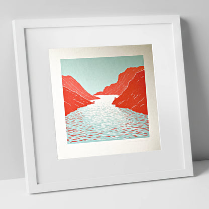 Bold Red Fells and Lake lake district lake art print in white frame