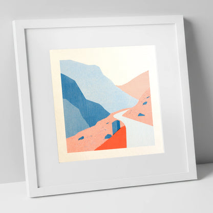 Hardknott Pass in Coral and Blue lake district valley art print in white frame