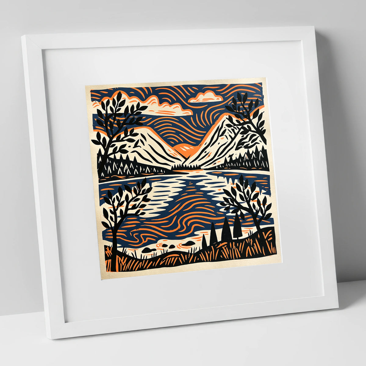 Lake Reflections in Navy and Orange lake district lake art print in white frame