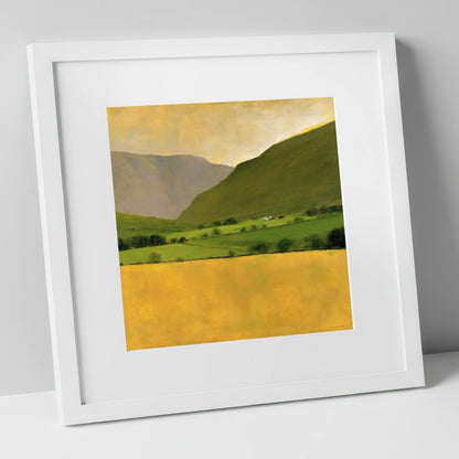 Golden Field Below the Fells lake district valley art print in white frame