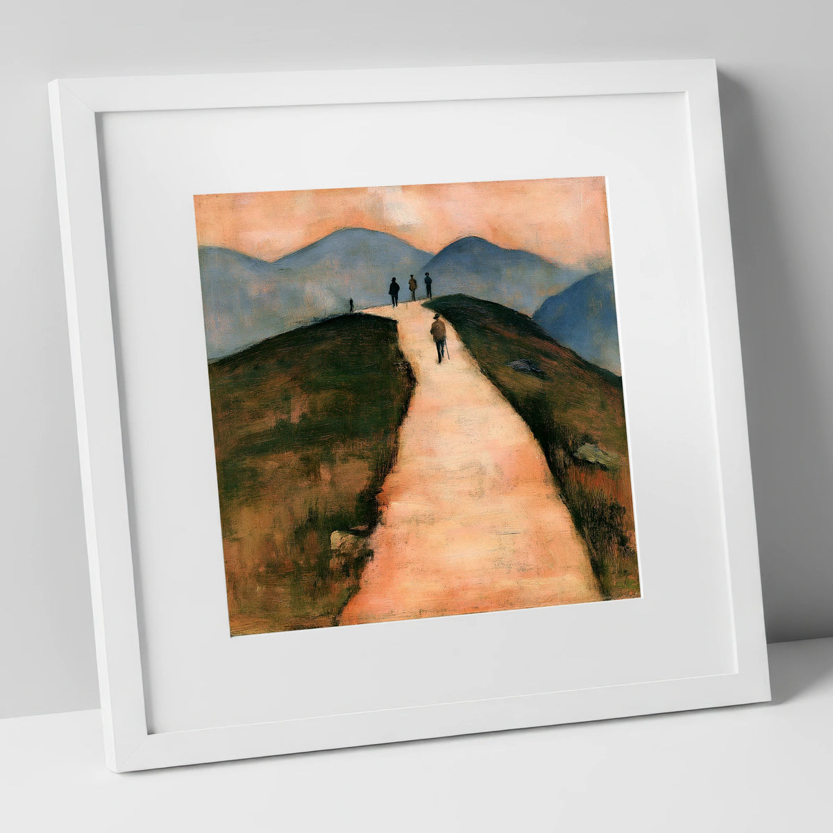 Walkers on a Warm Mountain Path lake district walking art print in white frame