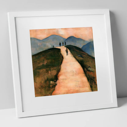 Walkers on a Warm Mountain Path lake district walking art print in white frame