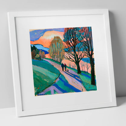 Keswick Sunset Dog Walk gifts for dog walkers art print in white frame