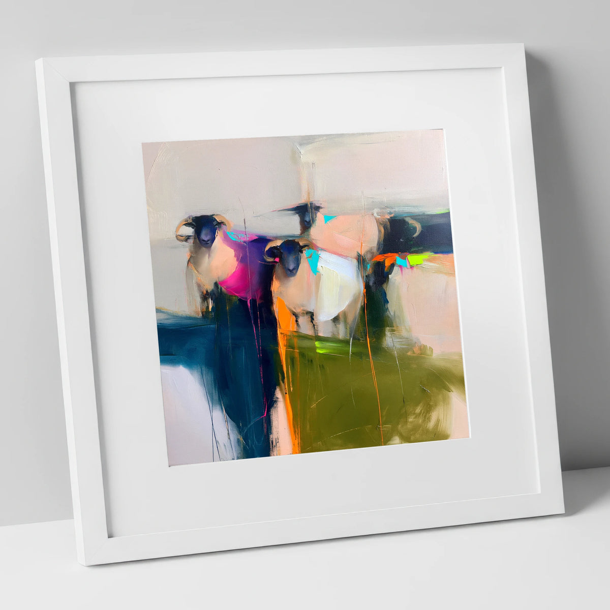Colourful Abstract Herdwick Sheep lake district wildlife art print in white frame
