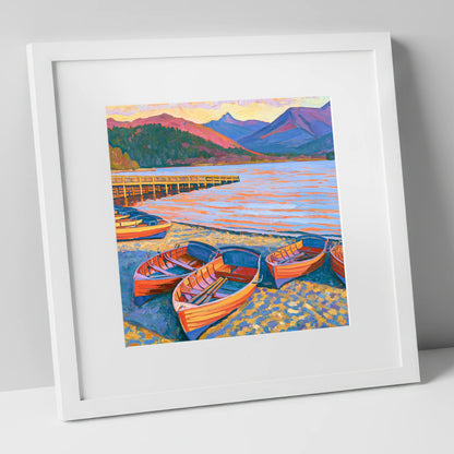 Orange Rowing Boats on Windermere lake district lake art print in white frame