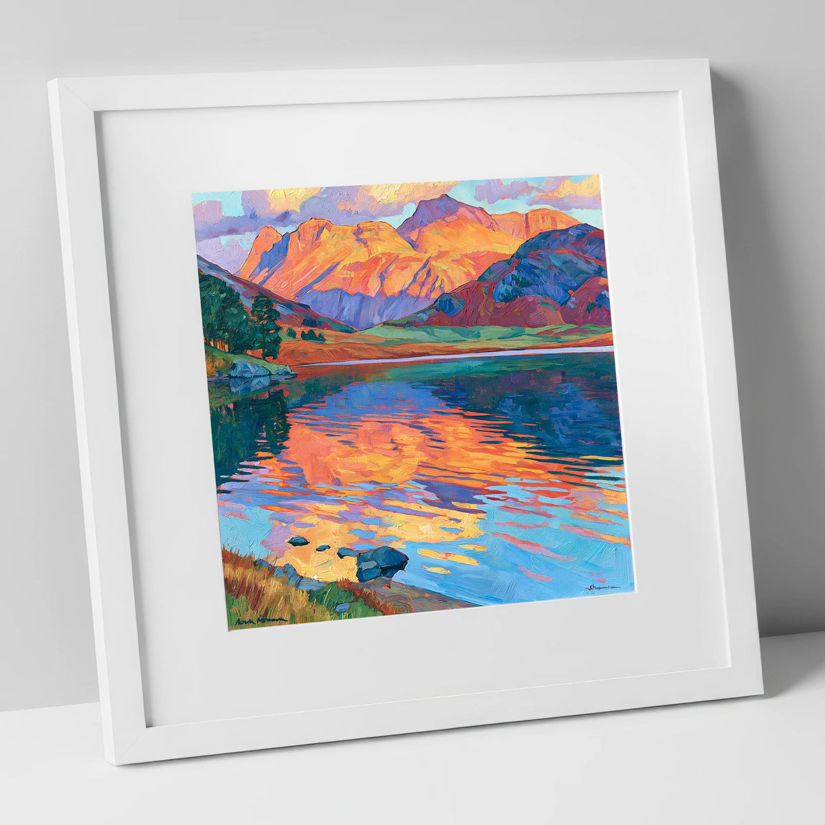 Radiant Fells and Lake Reflections lake district lake art print in white frame