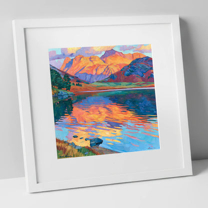 Radiant Fells and Lake Reflections lake district lake art print in white frame
