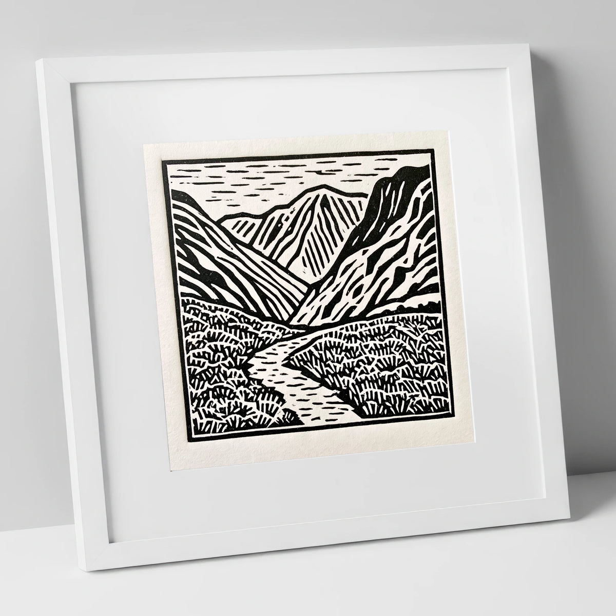 Monochrome Borrowdale Valley Fells lake district valley art print in white frame