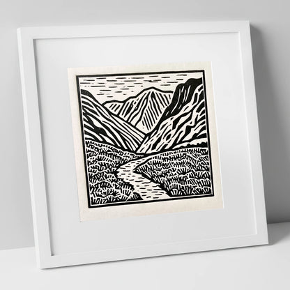 Monochrome Borrowdale Valley Fells lake district valley art print in white frame