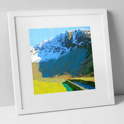 Vibrant Base Brown Snowy Ridge lake district fell art print in white frame
