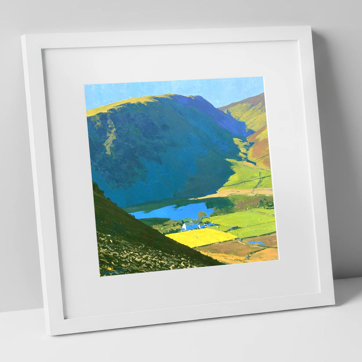 High Seat Over Vibrant Fields lake district fell art print in white frame