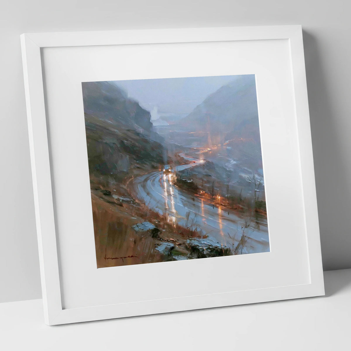 Rainy Mountain Pass at Dusk lake district valley art print in white frame